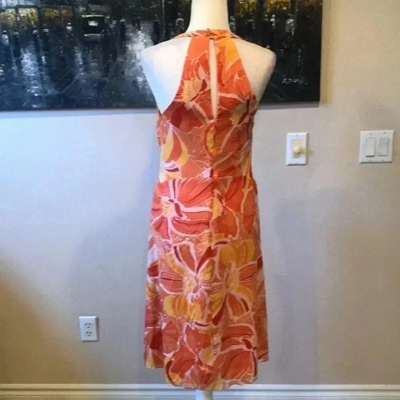 KAY UNGER Orange Silk Ruffled Front Halter Dress with Brooch Peephole Back-8 - Picture 2 of 10
